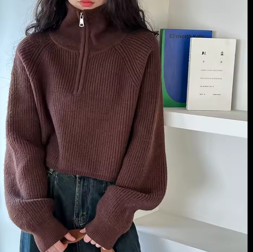 100% cashmere semi-turtleneck zipper red knitwear women's - Picture 2 of 10